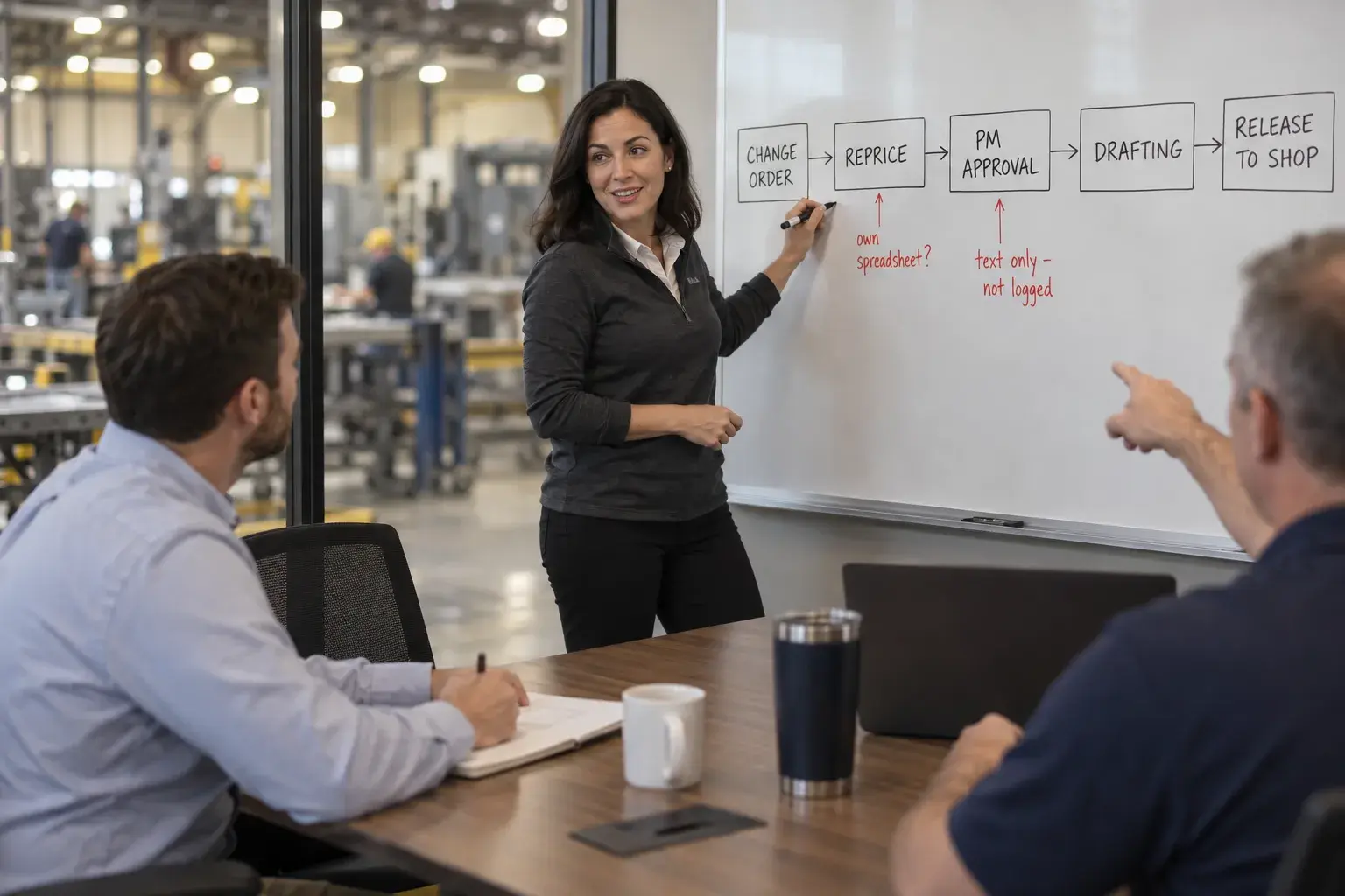 An operations lead maps the change order process on a whiteboard and marks two workarounds while two colleagues ask questions.
