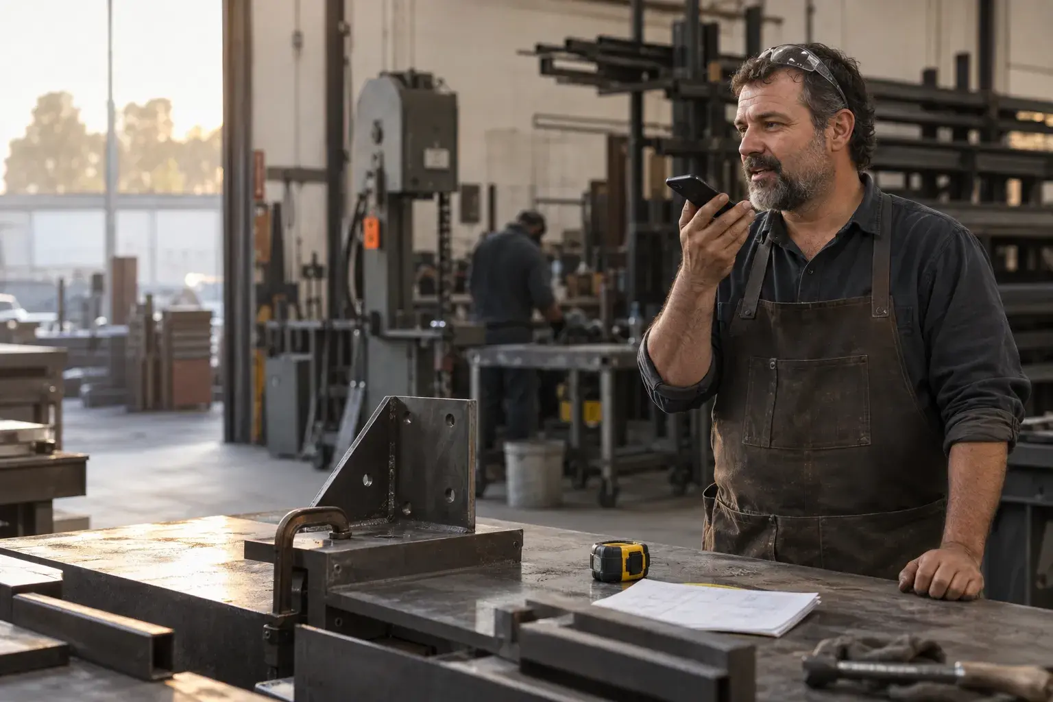 A fabricator records a voice note on his phone at a steel workbench after finishing a job.