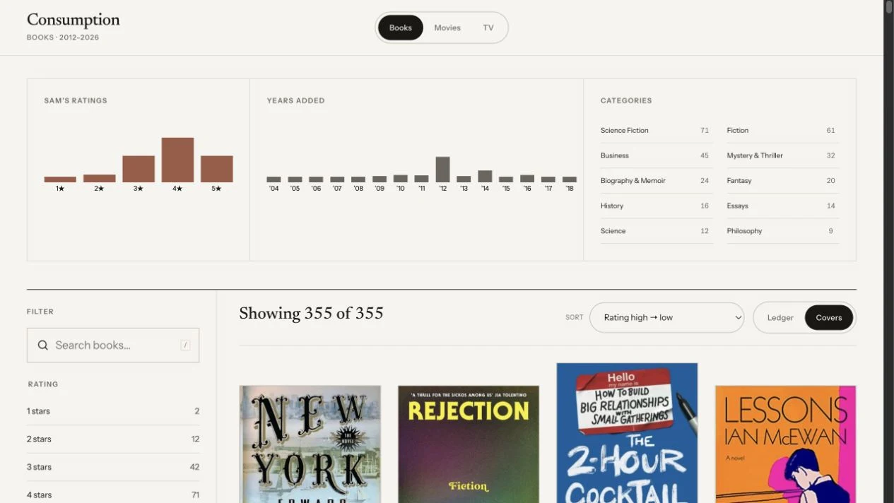 Screen from the personal books, movies, and television library