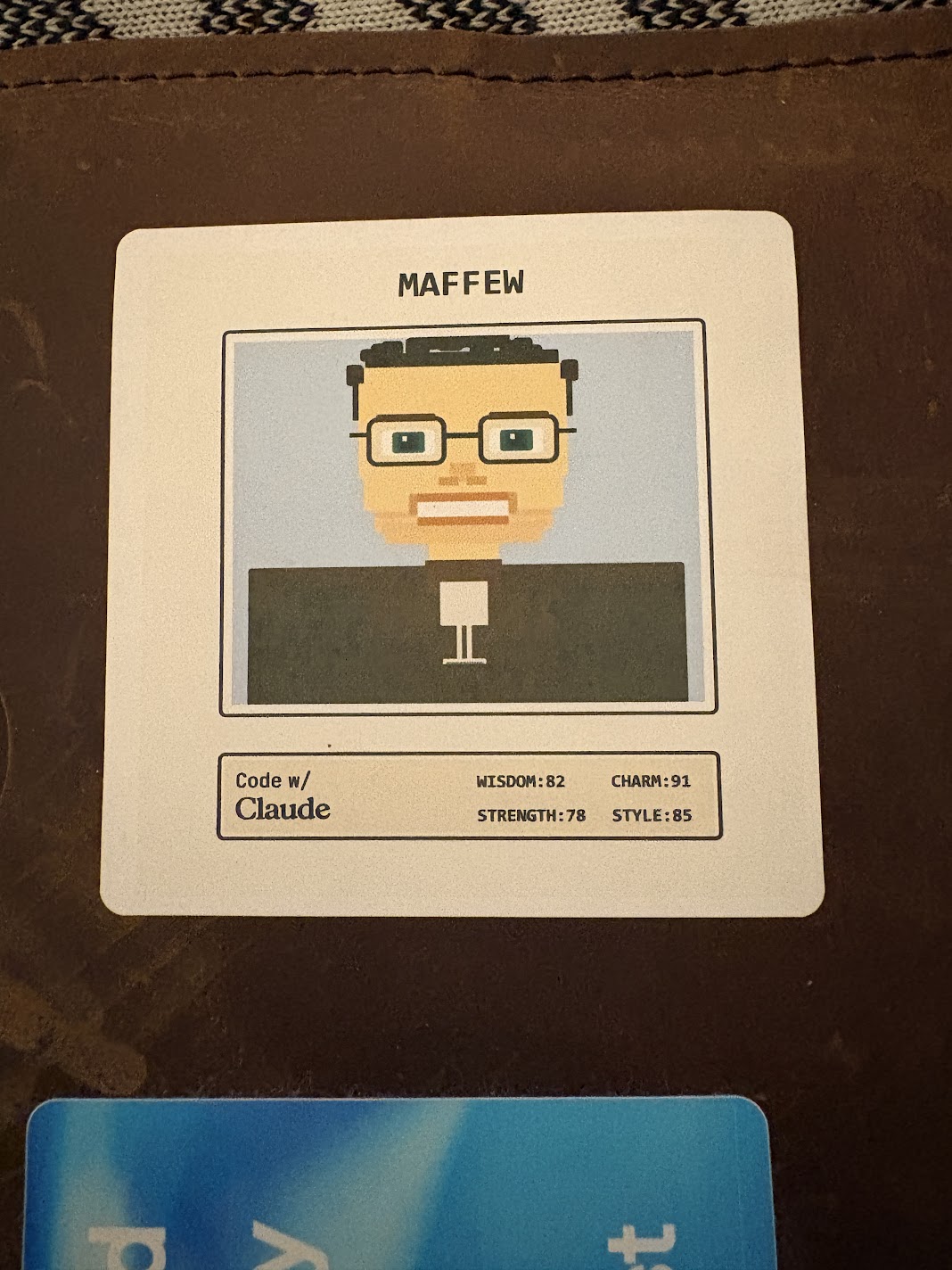 MAFFEW — an 8-bit trading card from Code w/ Claude with stats: Wisdom 82, Charm 91, Strength 78, Style 85