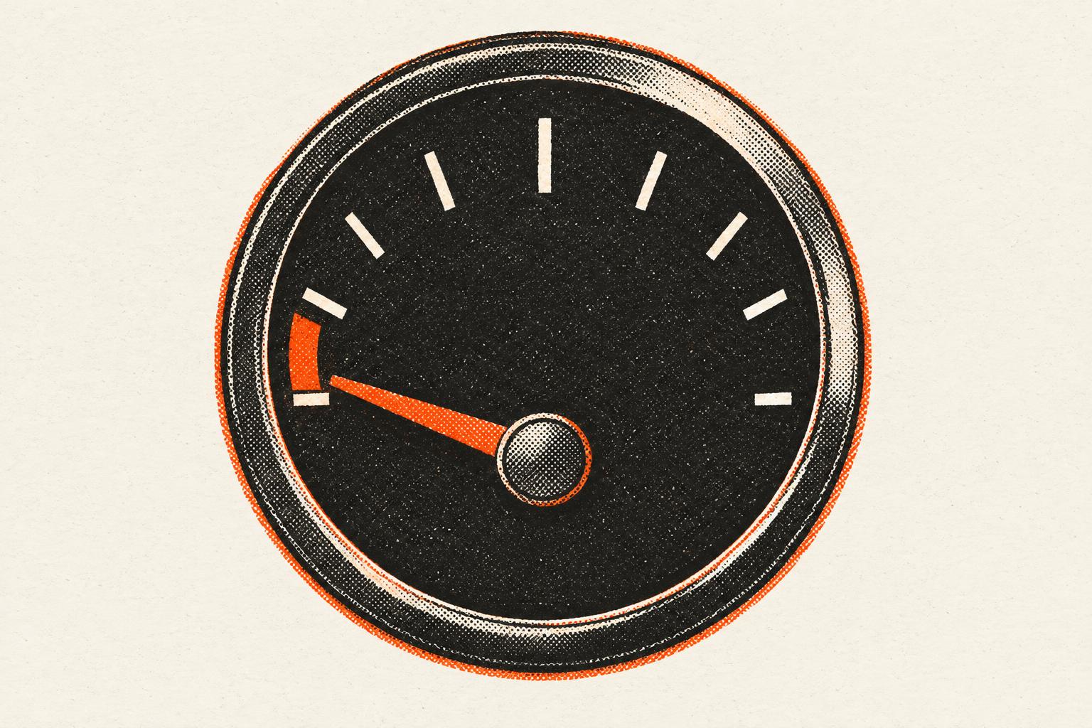A two-color print of a fuel gauge with its needle just above empty.