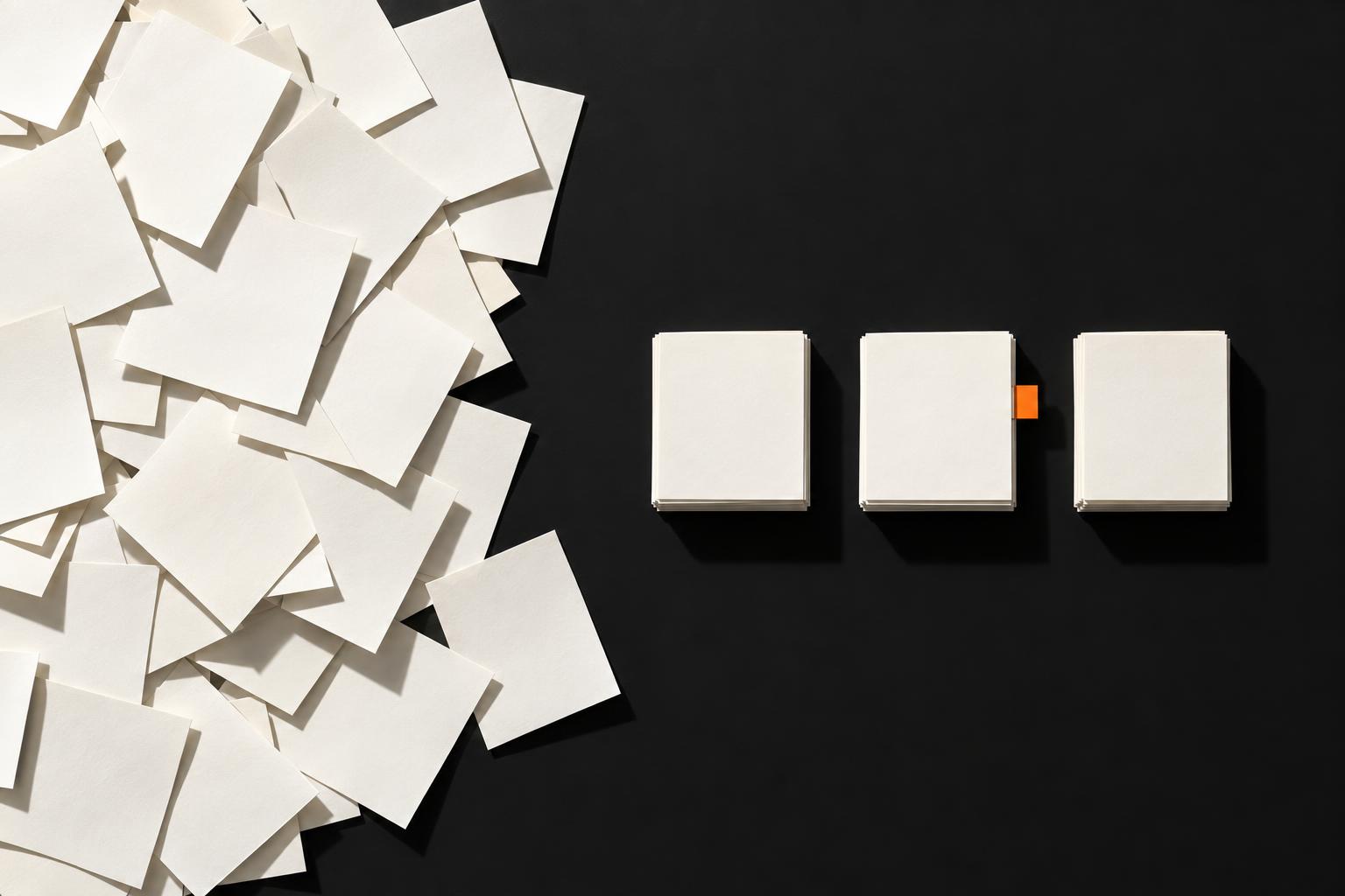 Overhead view of a chaotic pile of blank pages beside three neat stacks, one marked with an orange tab.