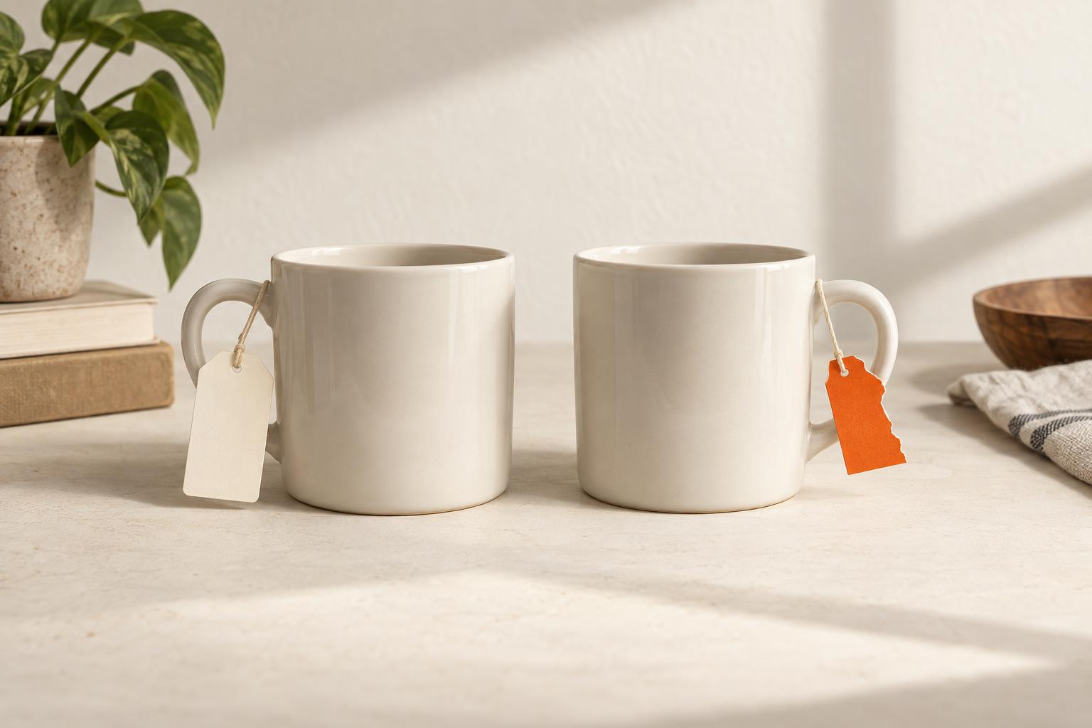 Two identical white mugs. The left has a whole cream tag; the right has an orange tag torn in half.