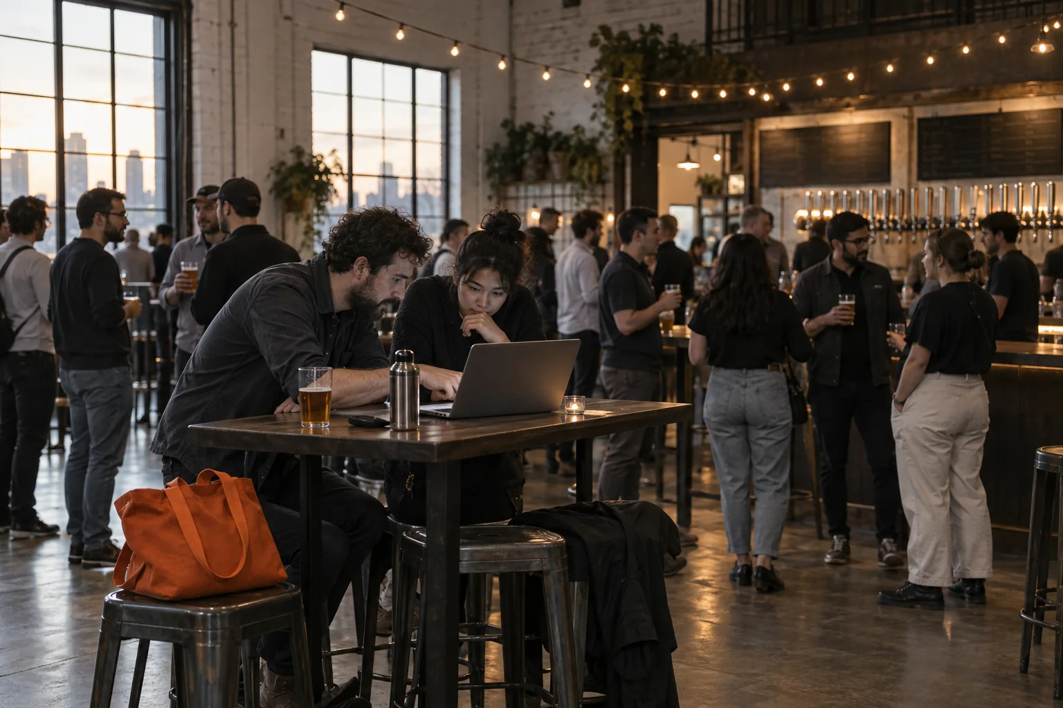 Builders talking in small groups in a brewery event room, two of them looking at a laptop at a high-top table