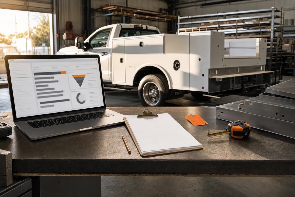 A custom truck workshop with a laptop and sales desk in the foreground