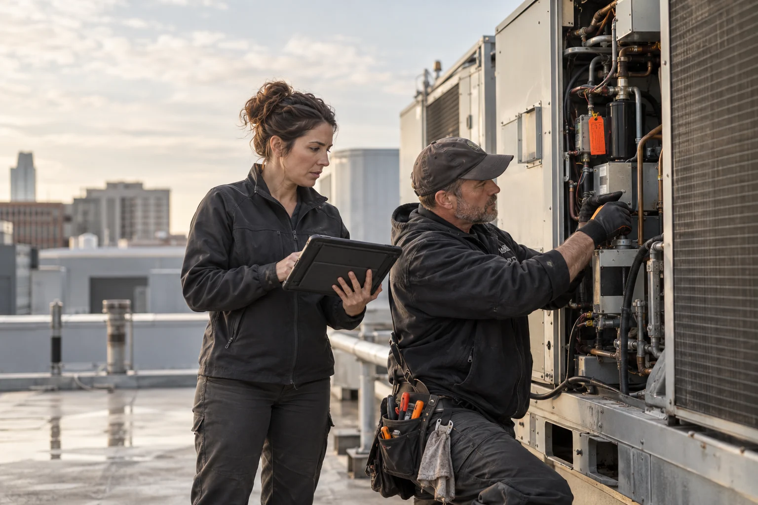 A technician working inside a rooftop unit while a colleague records what he finds on a tablet