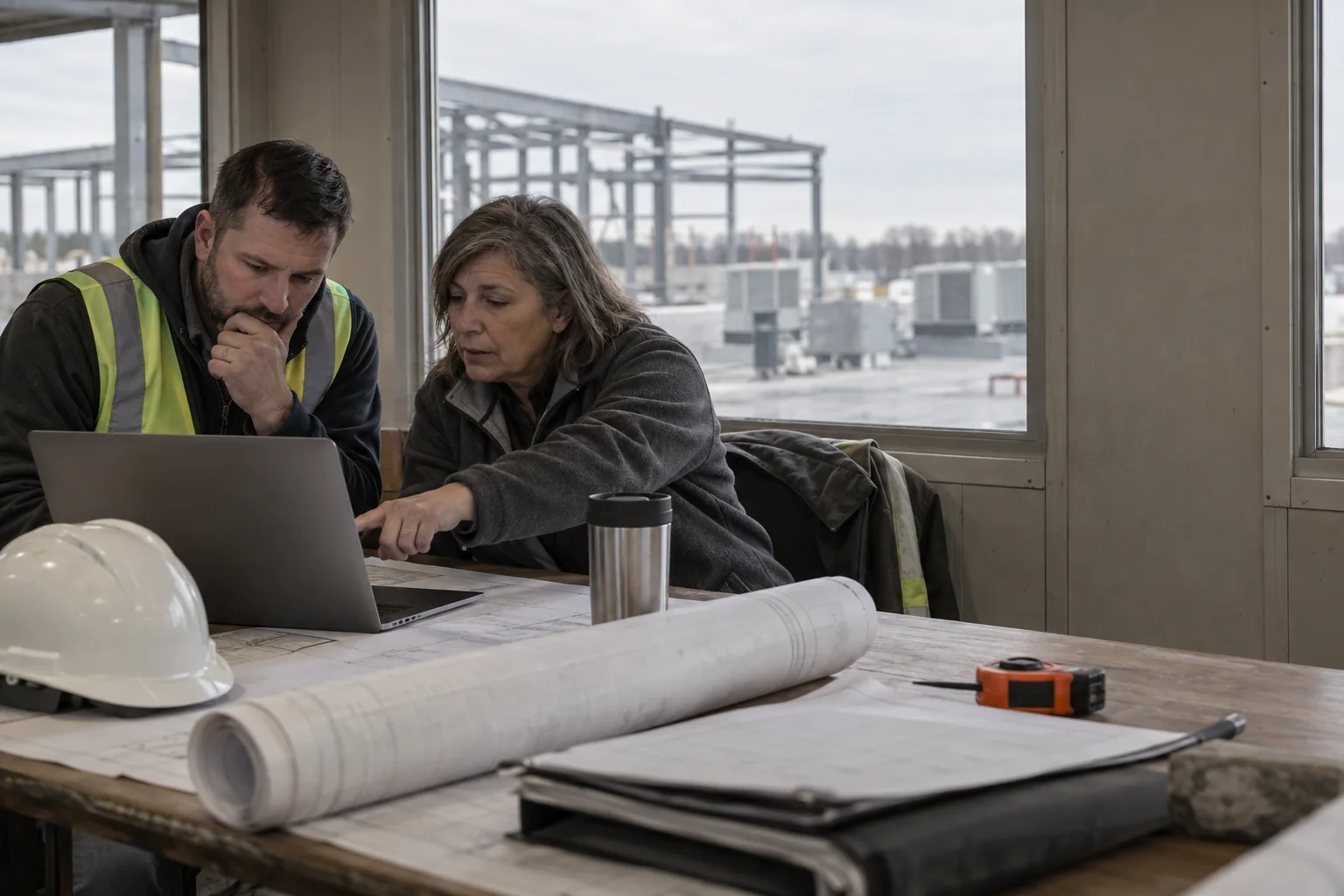 A project manager in a safety vest and a client's facilities director review a laptop together in a site trailer, with steel framing and new rooftop units outside.