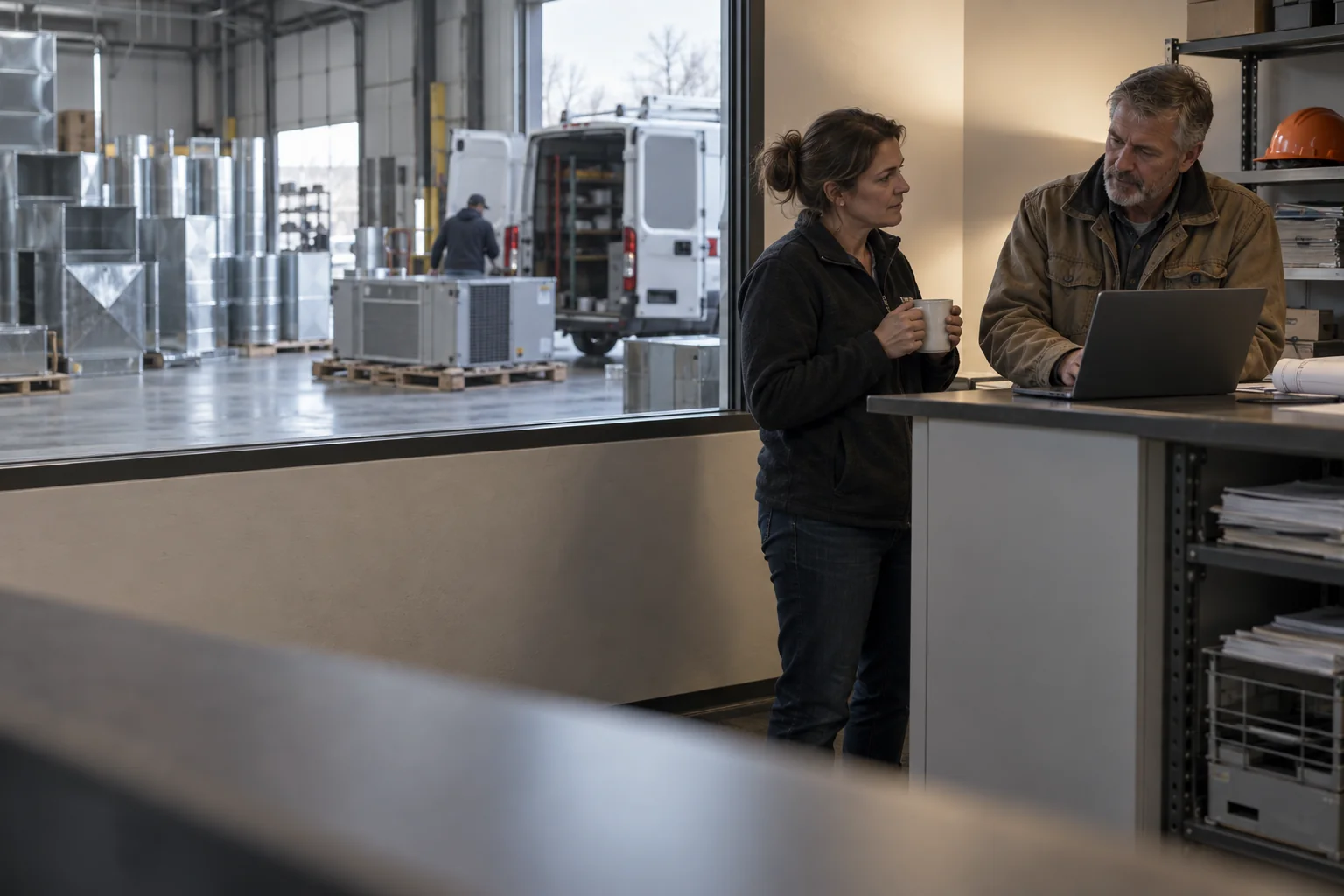 The owner of a mechanical contractor and his office manager talk over a laptop at the front counter, with ductwork, a rooftop unit and a service van in the shop behind them.