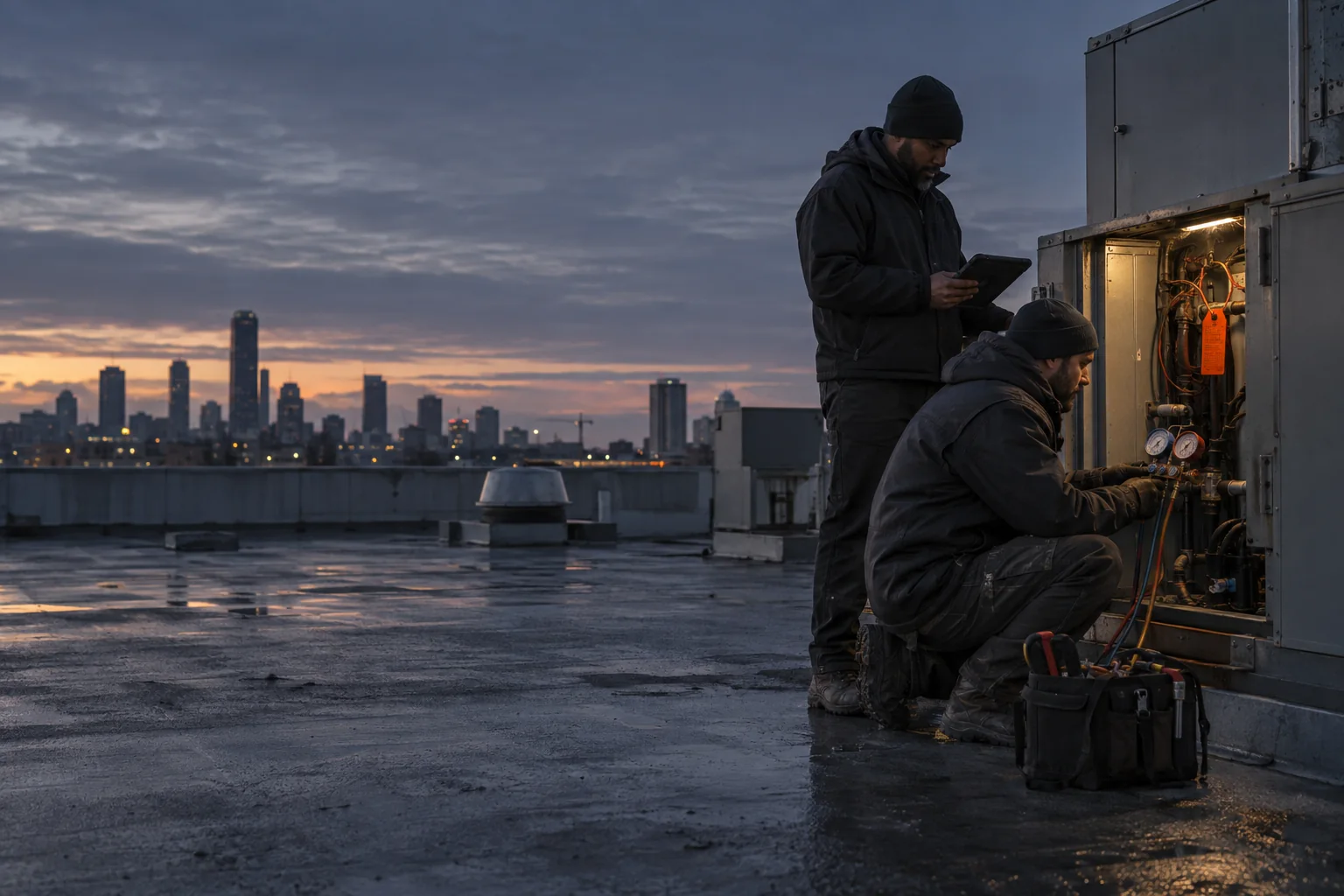 Two service technicians working on a rooftop unit before sunrise, one checking a tablet